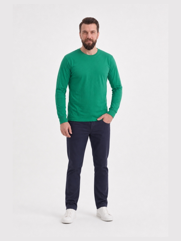 Brezilya Yeşili %100 Pamuk Penye Yuvarlak Yaka T-shirt Uzun Kol