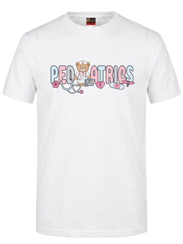 Pediatri Ayıcığı Baskılı Kısa Kol Beyaz Tişört (%100 Pamuk Penye Kumaş)