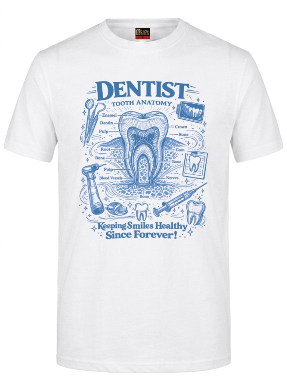 Vintage Diş Anatomisi Baskılı Kısa Kol Beyaz Tişört (%100 Pamuk Penye Kumaş)