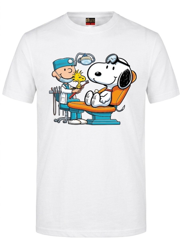 Sevimli Diş Hekimi Karikatür Baskılı Kısa Kol Beyaz Tişört (%100 Pamuk Penye Kumaş)