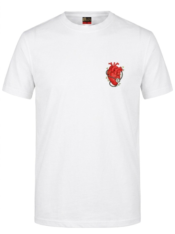 Anatomical Heart and Stethoscope Printed Short Sleeve White T-Shirt (100% Cotton Jersey Fabric)