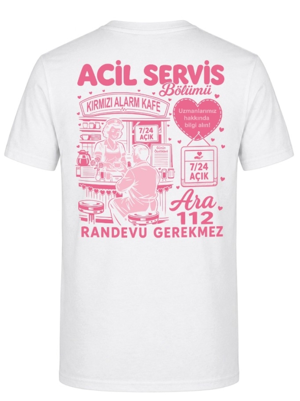 Emergency Service Cafe Printed Short Sleeve White T-Shirt (100% Cotton Jersey Fabric)