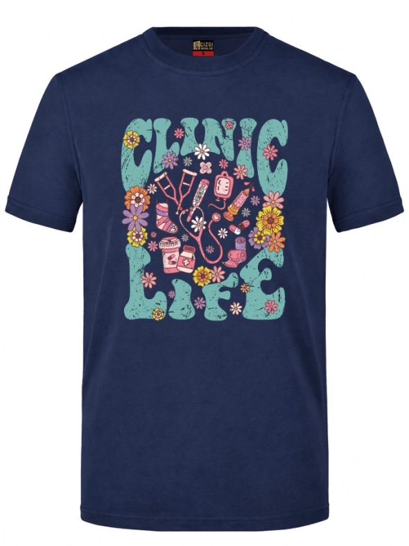 Clinic Life Printed Short Sleeve Navy Blue T-Shirt (100% Cotton Jersey Fabric)