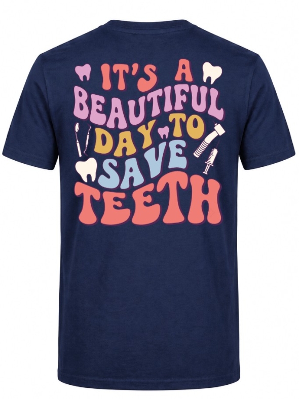 Save Teeth Baskılı Kısa Kol Lacivert Tişört (%100 Pamuk Penye Kumaş)