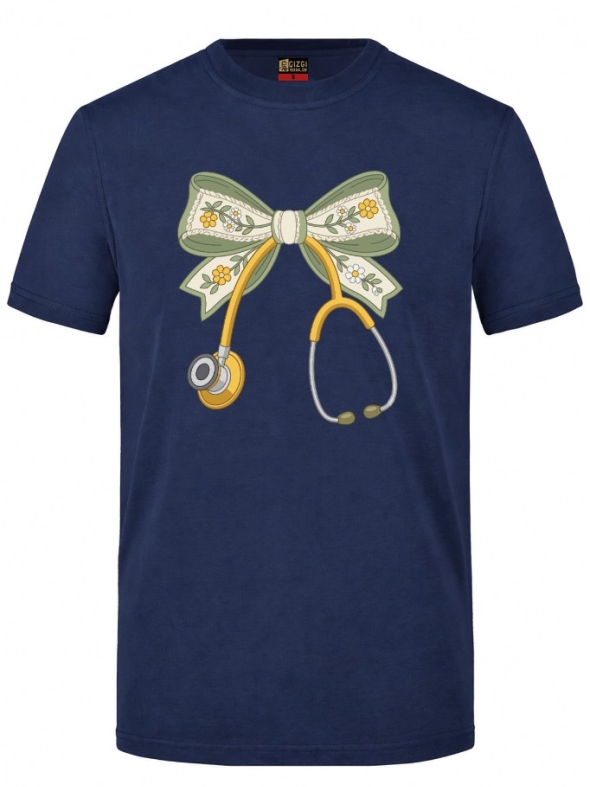 Floral Bow and Stethoscope Printed Short Sleeve Navy Blue T-Shirt (100% Cotton Jersey Fabric)