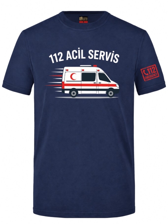 112 Emergency Service Printed Short Sleeve Navy Blue T-Shirt (100% Cotton Jersey Fabric)