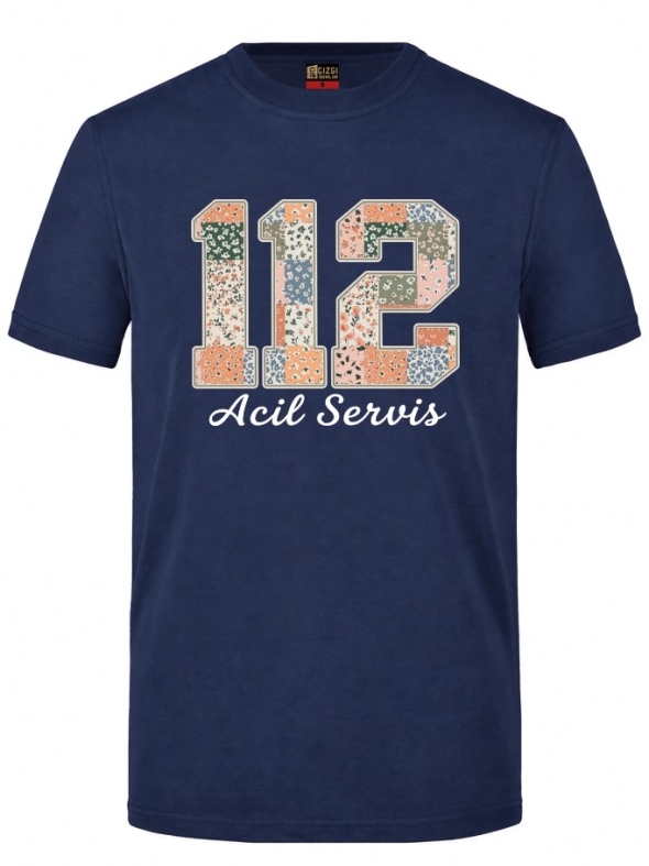 Floral 112 Emergency Service Printed Short Sleeve Navy Blue T-Shirt (100% Cotton Jersey Fabric)