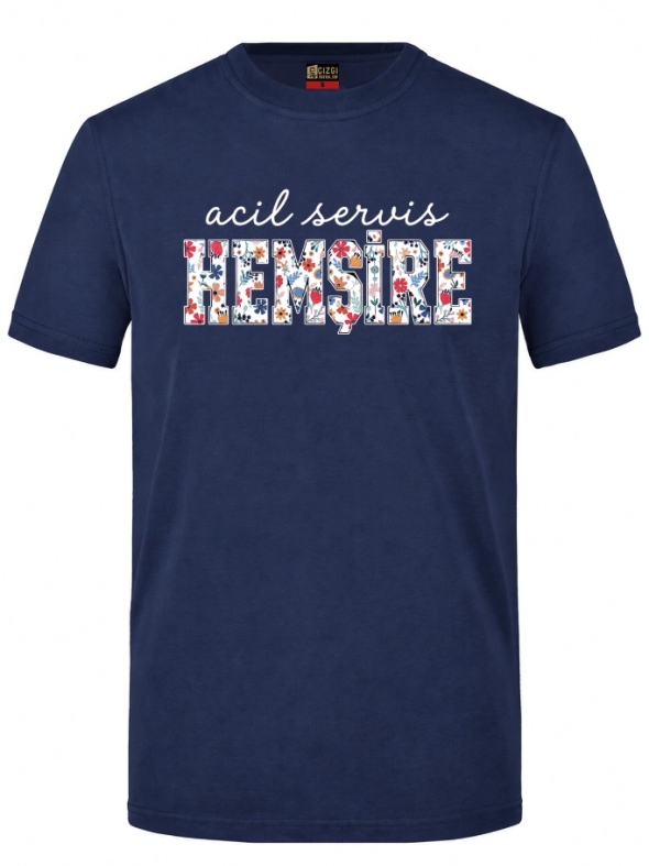 Floral Emergency Nurse Printed Short Sleeve Navy Blue T-Shirt (100% Cotton Jersey Fabric)