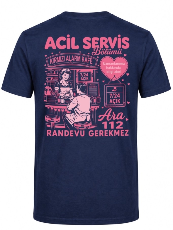 Emergency Service Cafe Printed Short Sleeve Navy Blue T-Shirt (100% Cotton Jersey Fabric)