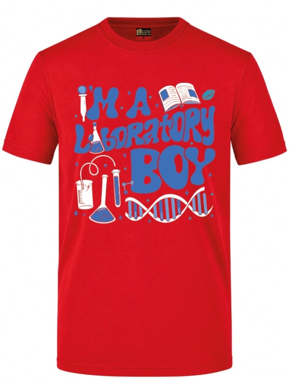 Laboratory Boy Baskılı Kısa Kol Kırmızı Tişört (%100 Pamuk Penye Kumaş)