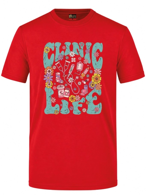 Clinic Life Printed Short Sleeve Red T-Shirt (100% Cotton Jersey Fabric)