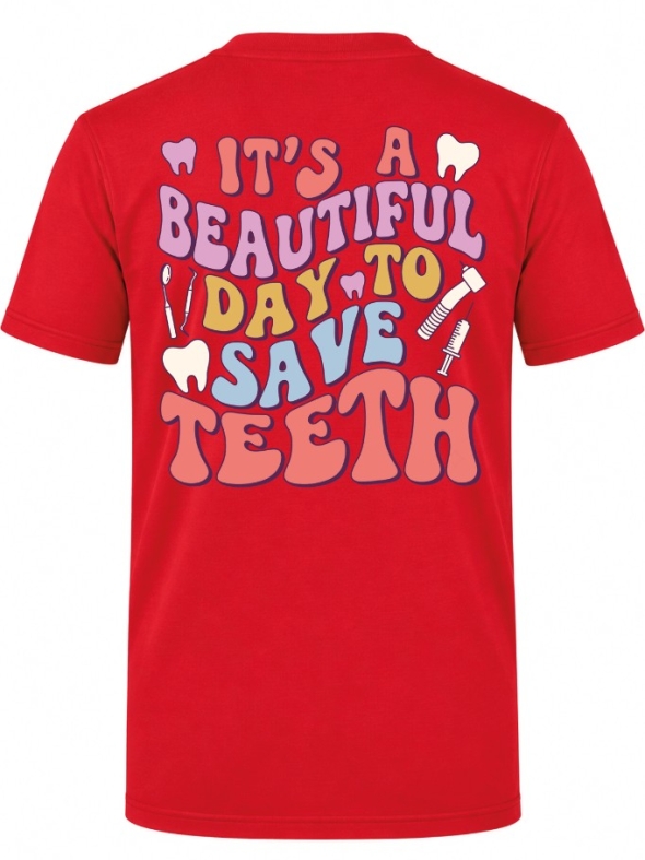 Save Teeth Baskılı Kısa Kol Kırmızı Tişört (%100 Pamuk Penye Kumaş)