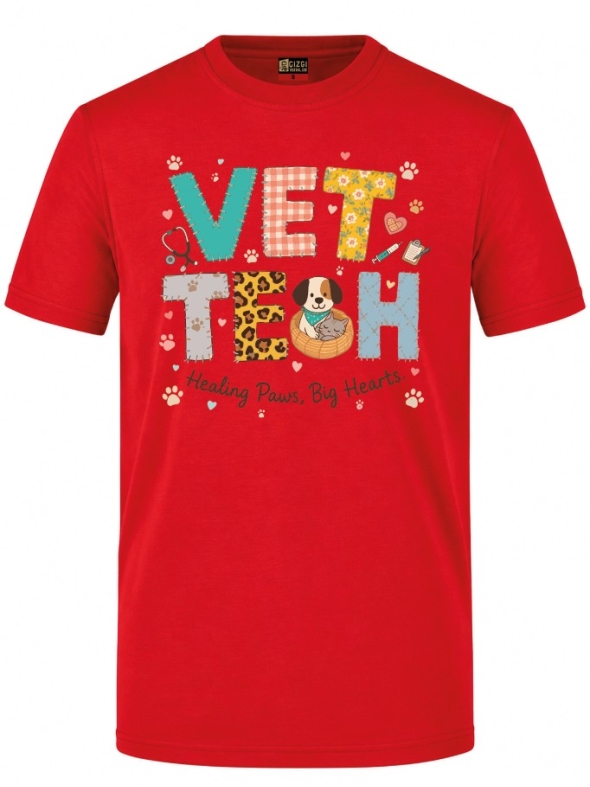 Tierarzt-Herz Bedrucktes Kurzarm T-Shirt in Rot (100% Baumwoll-Jersey)