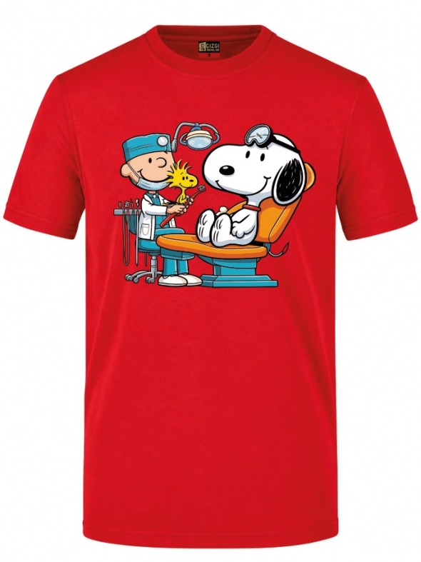 Sevimli Diş Hekimi Karikatür Baskılı Kısa Kol Kırmızı Tişört (%100 Pamuk Penye Kumaş)