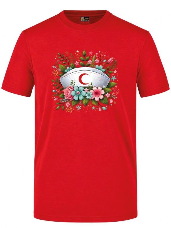 Botanische Schwesternhaube Bedrucktes Kurzarm T-Shirt in Rot (100% Baumwoll-Jersey)