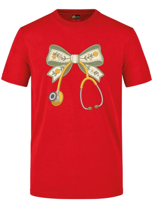 Floral Bow and Stethoscope Printed Short Sleeve Red T-Shirt (100% Cotton Jersey Fabric)