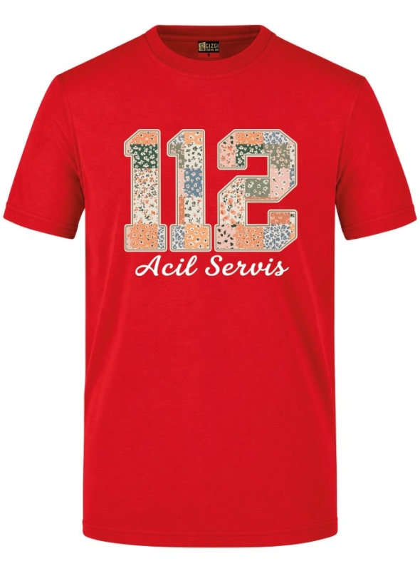 Floral 112 Emergency Service Printed Short Sleeve Red T-Shirt (100% Cotton Jersey Fabric)