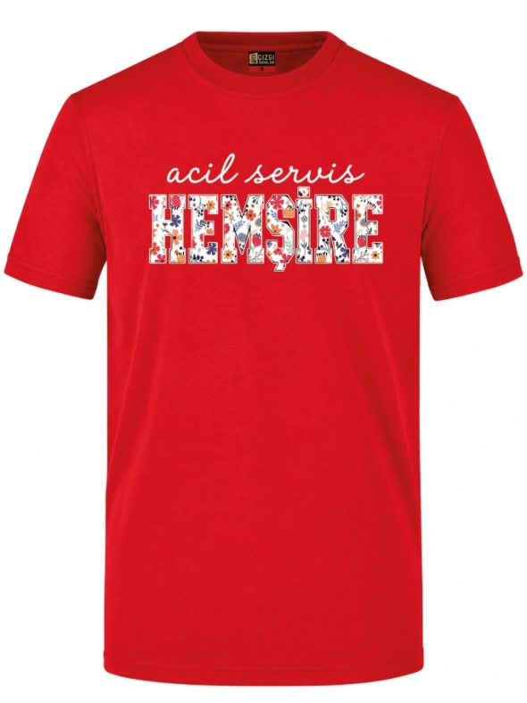 Floral Emergency Nurse Printed Short Sleeve Red T-Shirt (100% Cotton Jersey Fabric)