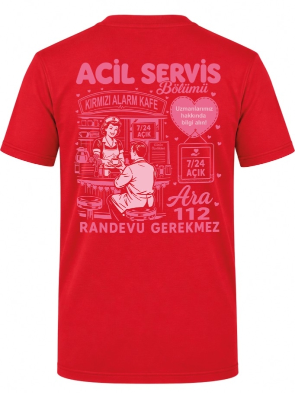 Emergency Service Cafe Printed Short Sleeve Red T-Shirt (100% Cotton Jersey Fabric)