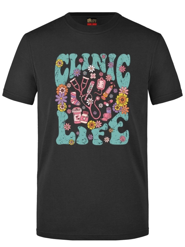 Clinic Life Printed Short Sleeve Black T-Shirt (100% Cotton Jersey Fabric)