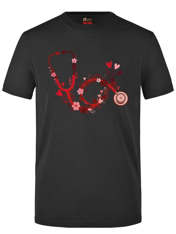 Blumen-Stethoskop Bedrucktes Kurzarm T-Shirt in Schwarz (100% Baumwoll-Jersey)