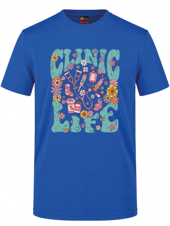 Clinic Life Printed Short Sleeve Saxon Blue T-Shirt (100% Cotton Jersey Fabric)