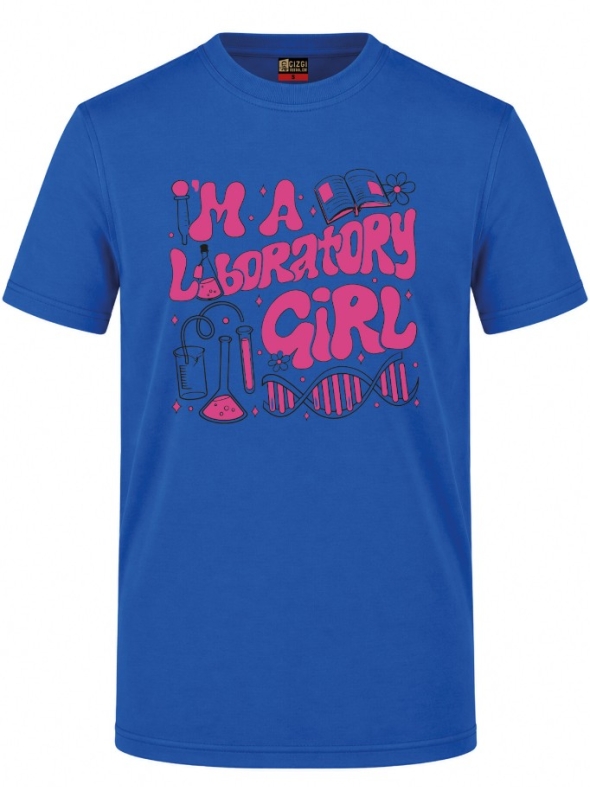 Laboratory Girl Baskılı Kısa Kol Saks Mavisi Tişört (%100 Pamuk Penye Kumaş)