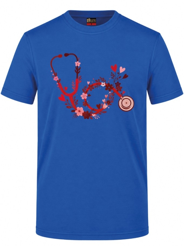 Blumen-Stethoskop Bedrucktes Kurzarm T-Shirt in Saxe-Blau (100% Baumwoll-Jersey)