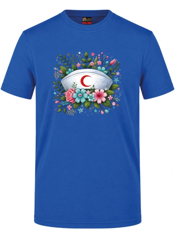 Botanical Nurse Cap Printed Short Sleeve Saxon Blue T-Shirt (100% Cotton Jersey Fabric)