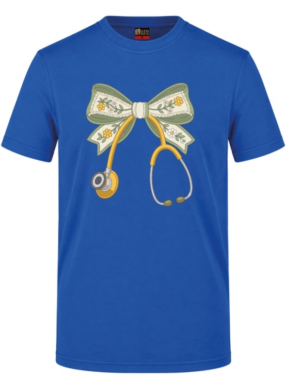 Floral Bow and Stethoscope Printed Short Sleeve Saxon Blue T-Shirt (100% Cotton Jersey Fabric)