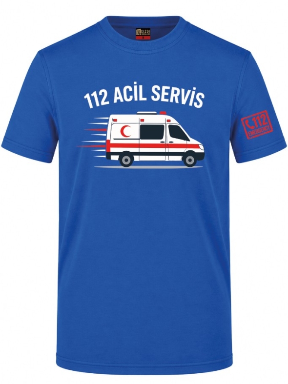 112 Emergency Service Printed Short Sleeve Saxon Blue T-Shirt (100% Cotton Jersey Fabric)