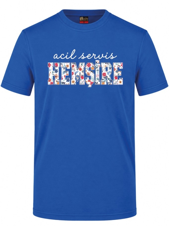 Floral Emergency Nurse Printed Short Sleeve Saxon Blue T-Shirt (100% Cotton Jersey Fabric)