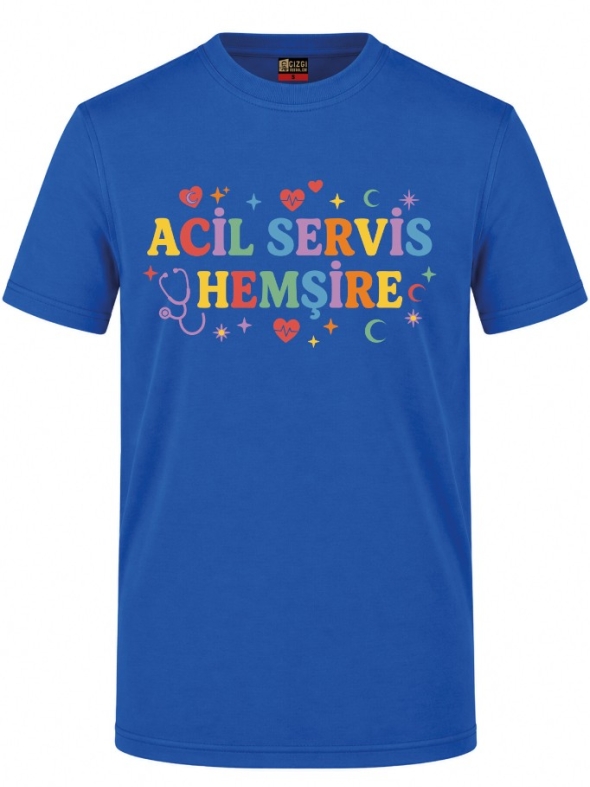 Acil Servis Hemşire Baskılı Kısa Kol Saks Mavisi Tişört (%100 Pamuk Penye Kumaş)
