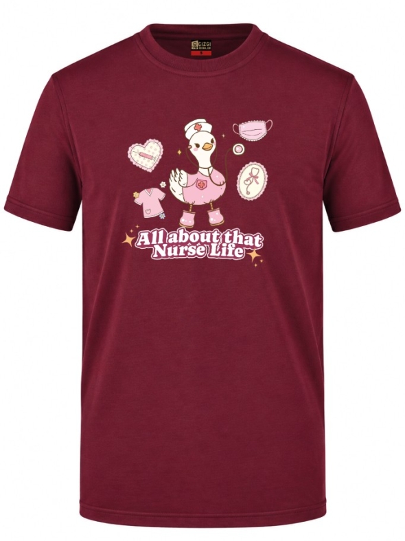 Nurse Life Baskılı Kısa Kol Bordo Tişört (%100 Pamuk Penye Kumaş)
