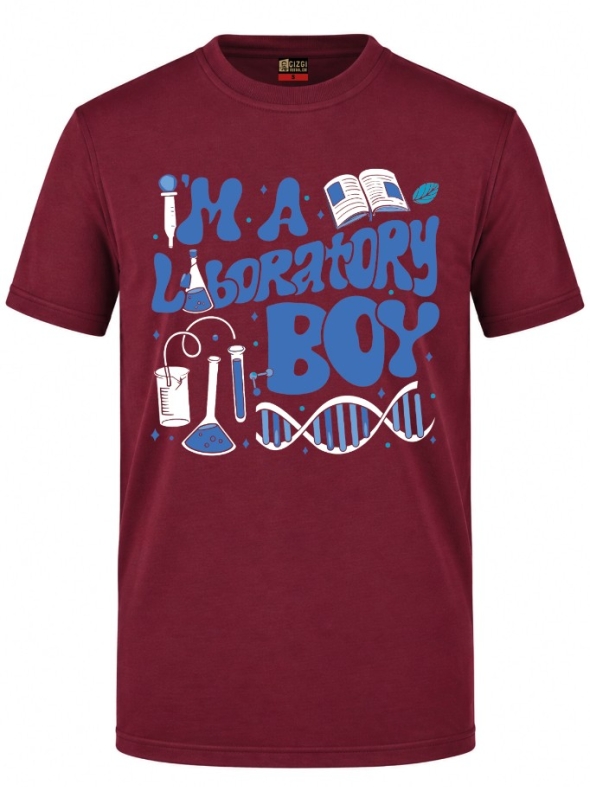 Laboratory Boy Baskılı Kısa Kol Bordo Tişört (%100 Pamuk Penye Kumaş)