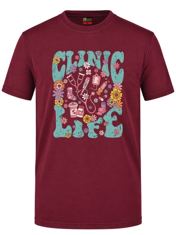 Clinic Life Printed Short Sleeve Burgundy T-Shirt (100% Cotton Jersey Fabric)