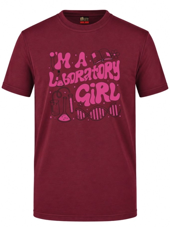 Laboratory Girl Baskılı Kısa Kol Bordo Tişört (%100 Pamuk Penye Kumaş)