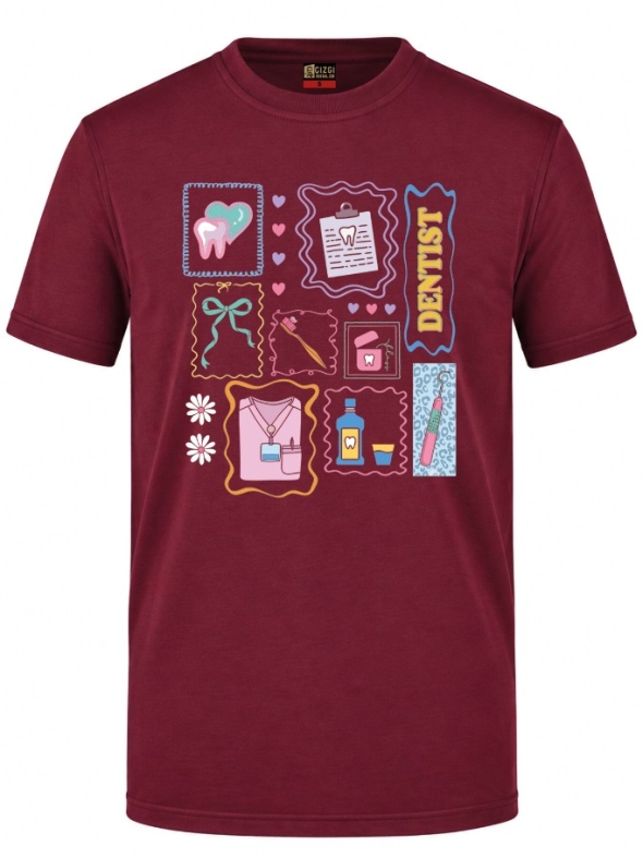 Dentist World Printed Short Sleeve Burgundy T-Shirt (100% Cotton Jersey Fabric)