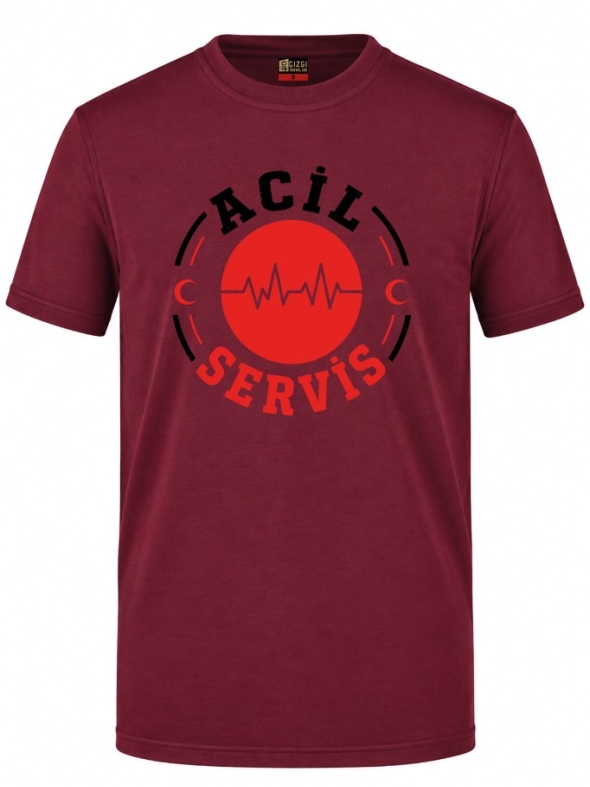 Acil Servis Sağlık Baskılı Kısa Kol Bordo Tişört (%100 Pamuk Penye Kumaş)