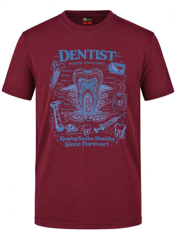 Vintage Diş Anatomisi Baskılı Kısa Kol Bordo Tişört (%100 Pamuk Penye Kumaş)
