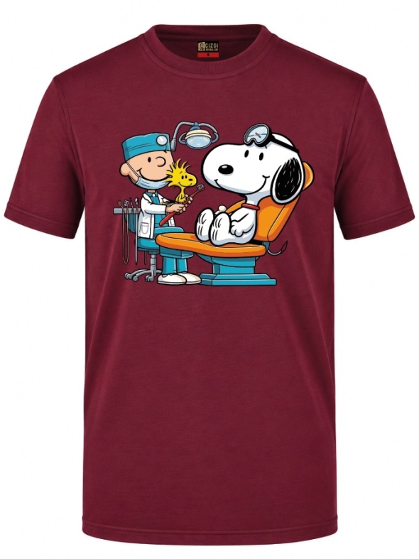 Sevimli Diş Hekimi Karikatür Baskılı Kısa Kol Bordo Tişört (%100 Pamuk Penye Kumaş)