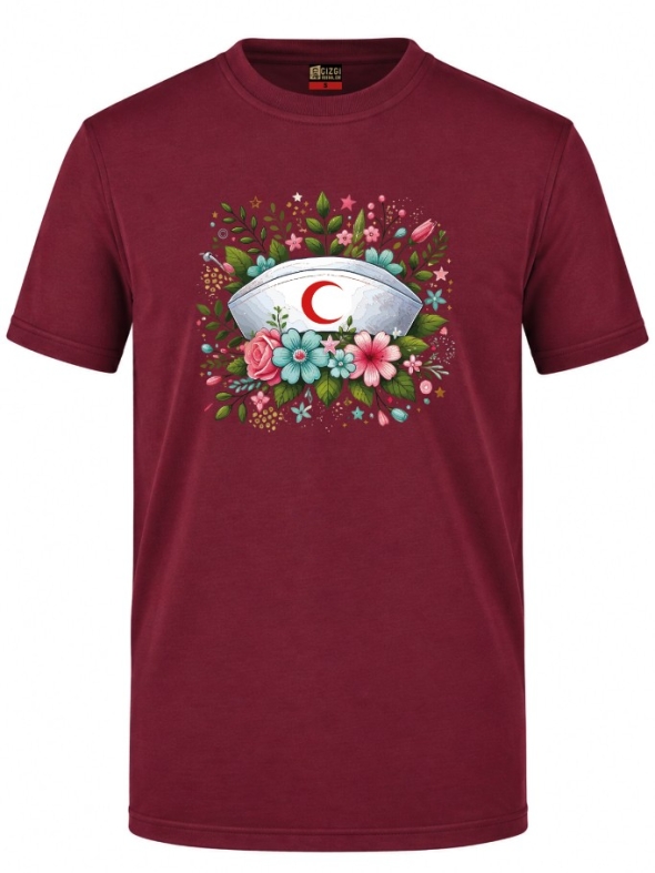 Botanical Nurse Cap Printed Short Sleeve Burgundy T-Shirt (100% Cotton Jersey Fabric)