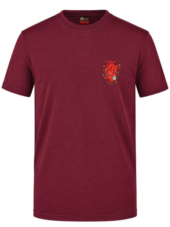 Anatomisches Herz und Stethoskop Bedrucktes Kurzarm T-Shirt in Bordeaux (100% Baumwoll-Jersey)