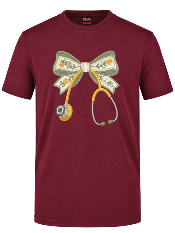 Floral Bow and Stethoscope Printed Short Sleeve Burgundy T-Shirt (100% Cotton Jersey Fabric)