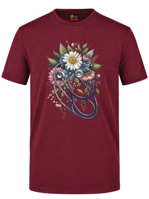 Botanical Stethoscope Printed Short Sleeve Burgundy T-Shirt (100% Cotton Jersey Fabric)