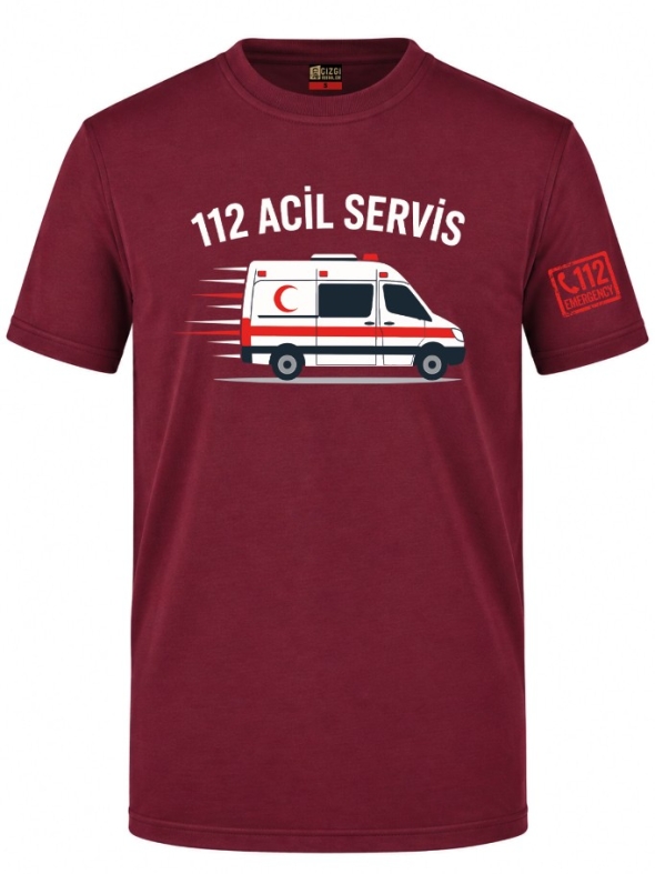 112 Acil Servis Baskılı Kısa Kol Bordo Tişört (%100 Pamuk Penye Kumaş)