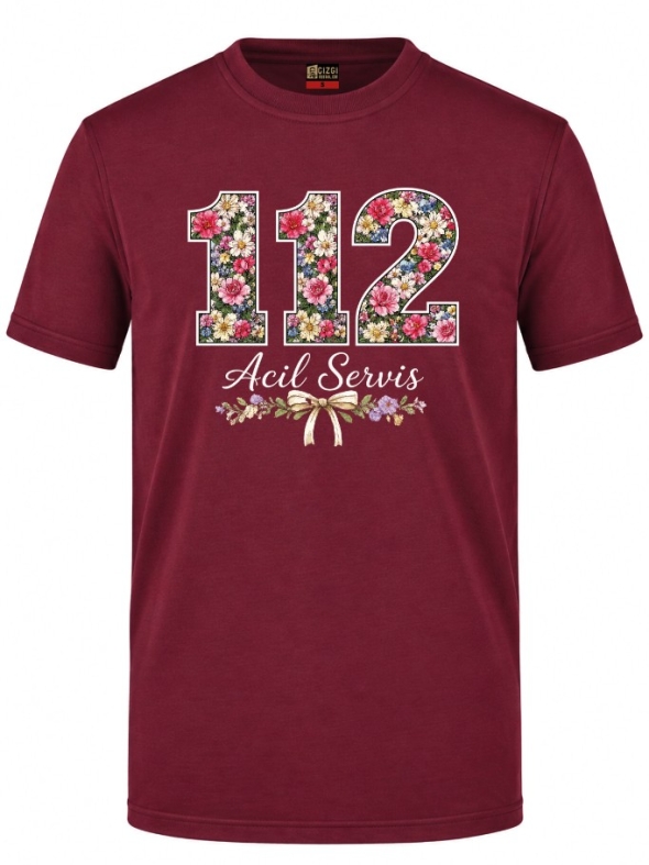 Schleifendetail 112 Paramedic Bedrucktes Kurzarm T-Shirt in Bordeaux (100% Baumwoll-Jersey)