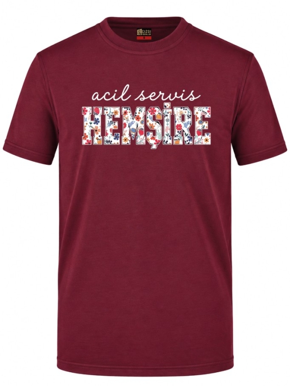Florale Notaufnahme-Krankenschwester Bedrucktes Kurzarm T-Shirt in Bordeaux (100% Baumwoll-Jersey)