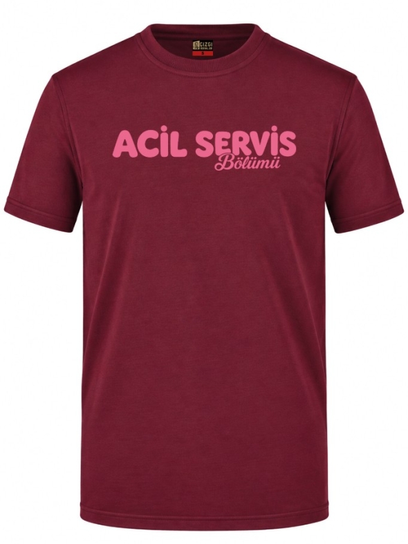 Emergency Service Cafe Printed Short Sleeve Burgundy T-Shirt (100% Cotton Jersey Fabric)