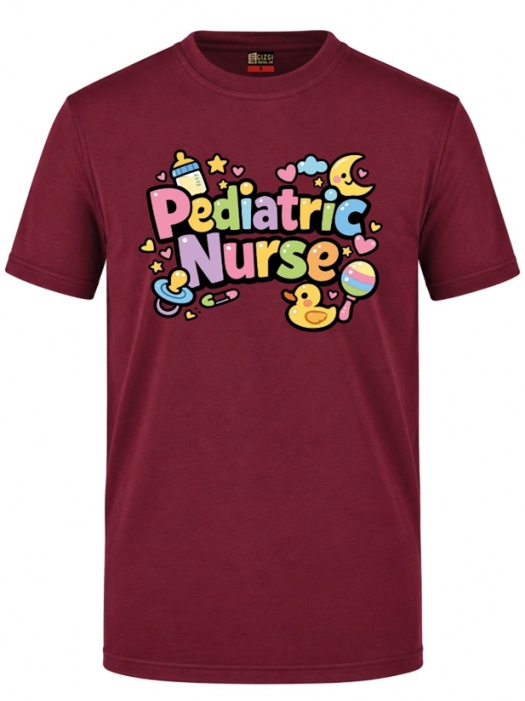 Pediatric Nurse Printed Short Sleeve Burgundy T-Shirt (100% Cotton Jersey Fabric)